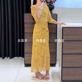 金辉夏季新款高奢时尚真丝双绉领交叉绑带连衣裙