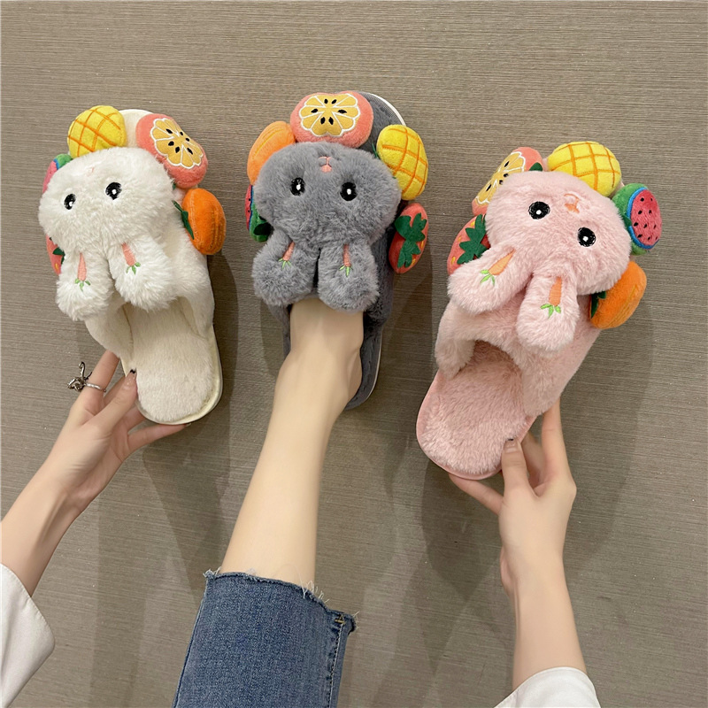 Girl Heart Little Rabbit Couple Slippers Women's Winter Korean Edition Warm Explosions Cotton Slippers Wool Slippers Trendy