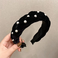 Celebrity Style Satin Black Headband with High Crown Pearl Accents, Trendy and Elegant, Showcased at Dongdaemun, Korea