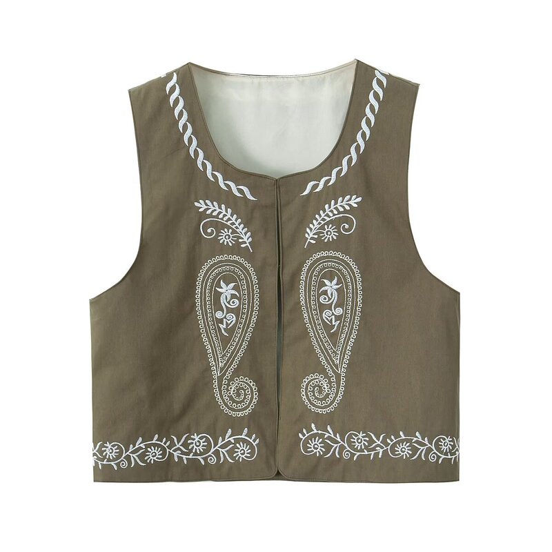 6739-24 Summer New French Style Distinctive Slim Fit Tiansi Cotton Heavy Industry Embroidered Top Western Sense Short Vest