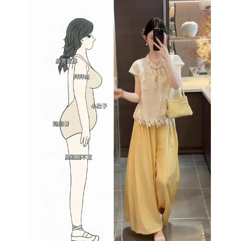 Summer Outfit Set for Plus-Size Women: New Chinese-Style Lace Splicing Embroidered Shirt and Wide-Leg Pants Beautiful Set for Women