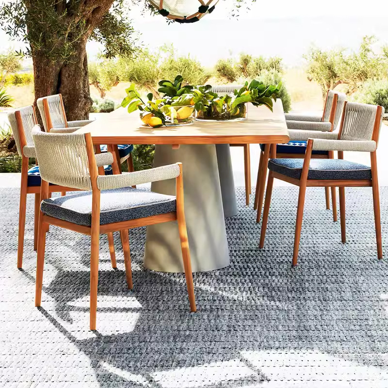 Mesa de comedor al aire libre teca trenzada impermeable tabla de mármol silla de caña jardín al aire libre patio muebles de ocio
