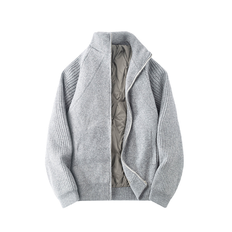 2025 nuevo chaqueta de plumón de invierno para hombres gruesa abrigo de chaqueta de arroz blanco ropa de hombre casual suéter de cuello de pie cardigan
