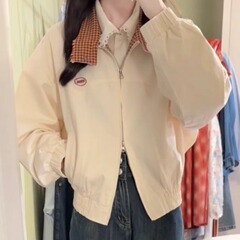 黄色格子拼接工装短外套女2025早秋新款学院风超好看小众夹克