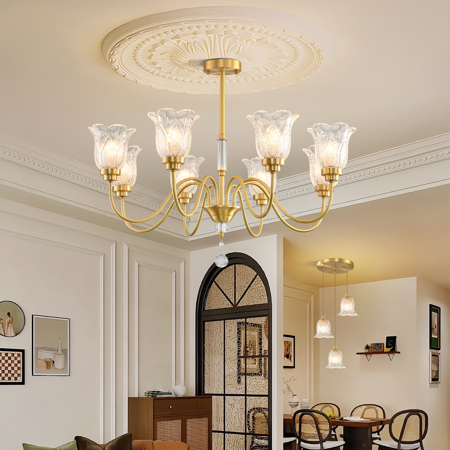 Lámpara de salón de cobre francesa lujo ligero y simple moderno nuevo restaurante cristal sala de flores europeas lámparas 413L