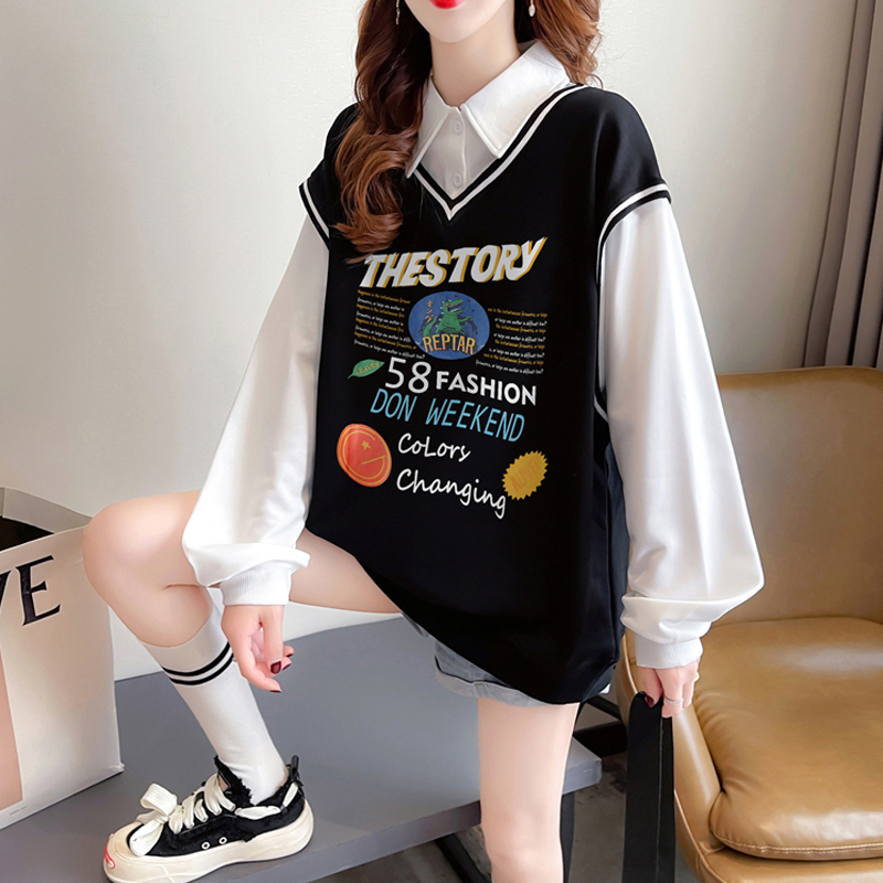 長袖Tシャツ 女の子用 2025年春夏新作 中学生・高校生 カレッジ風 フェイクツーピース 薄手ポロスウェットシャツ|undefined