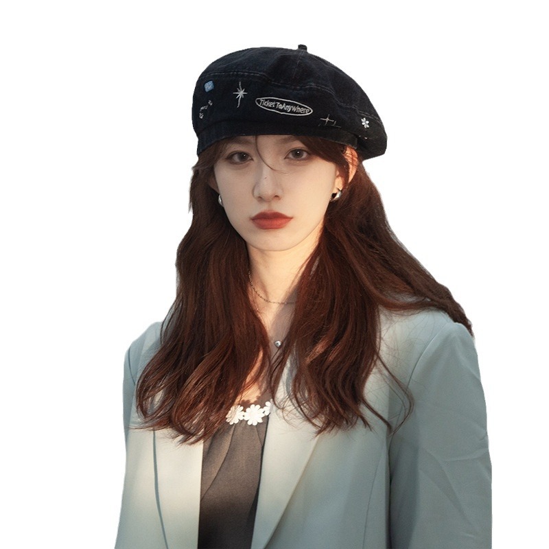 Boina de vaquero con bordado de letras mujeres verano y otoño estrellas calabaza gorra pintor gorra grande cara gorra pequeña