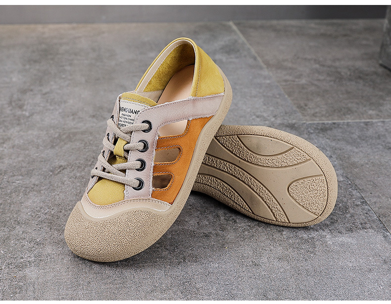 Sandal nữ da bò phối màu cổ điển, đế thấp thoáng khí — màu hồng chi tiết 11