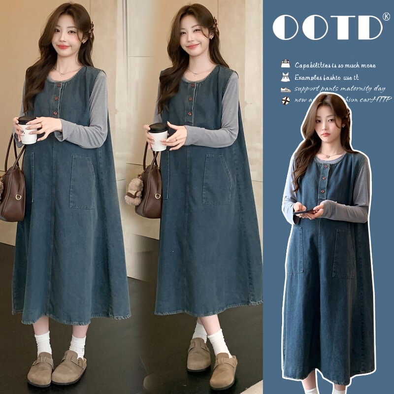 Real shot of simple denim 2-piece plus-size casual outfit, maternity denim set with gray base shirt and denim skirt, cotton Real shot of simple denim 2-piece plus-size casual outfit, maternity denim set with gray base shirt and denim skirt, cotton