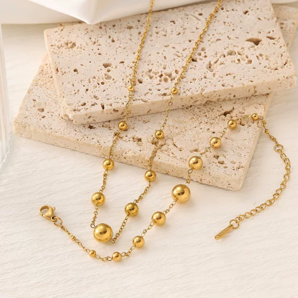 European and American Stainless Steel Ball Bead Bracelet Necklace Set for Women, Non-Fading 18K Gold Fashion Versatile Titanium Steel Jewelry Wholesale