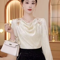 法式别致丝绒上衣长袖秋冬2025高级感皱褶衬衫女洋气内搭打底衫