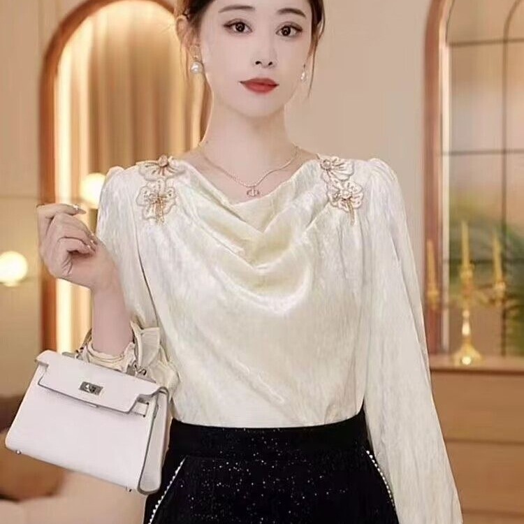 French Chic Velvet Top Long-Sleeved Autumn and Winter 2025 High-End Pleated Shirt Women's Fashionable Inner Layering Shirt