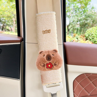 Seat belt shoulder pad: cover car decoration cute decoration - rich-flower-capibala-teddy-velvet-shoulder-pads-1-beige