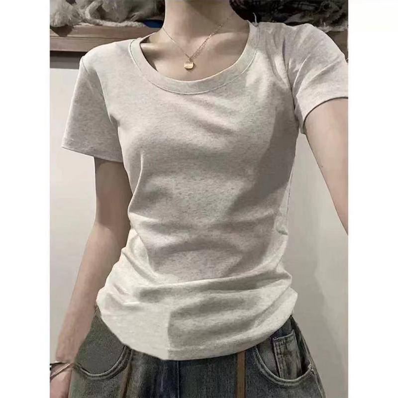 韓国風シックなスリムで甘くてスパイシーな無地Tシャツ半袖ラウンドネックスリムフィットカジュアルインナーウェアインストップスAmazon|undefined