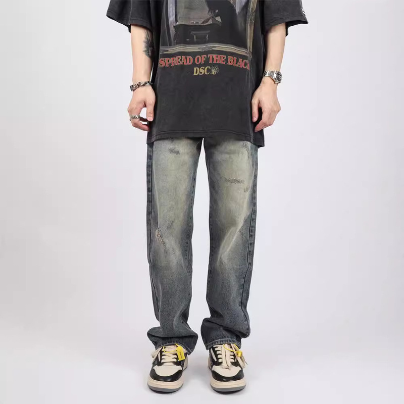 Z POCKET High Street American Style Retro Wide Leg Ripped Jeans Men's Straight Tube Loose Pants for Men and Women Summer