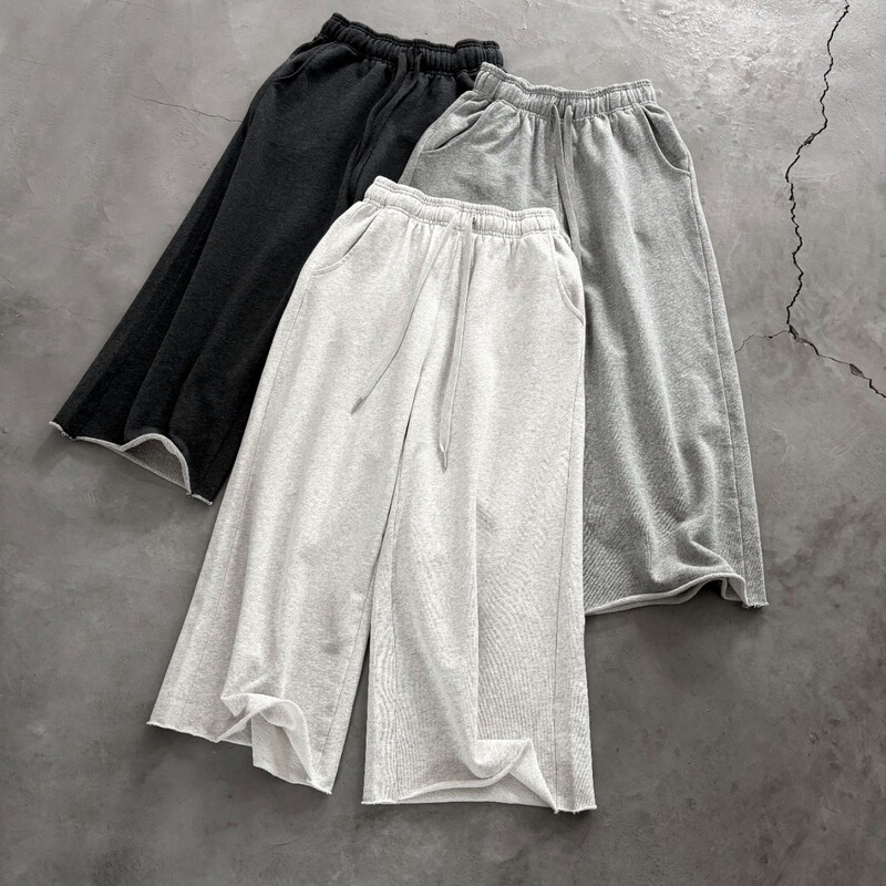 Welding a Sense of Relaxation onto Your Body: Korean-Style Washed Cotton Terry Luxury Minimalist Frayed Edge Cropped Wide-Leg Pants