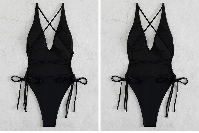 One-piece Swimsuit Deep V Neck Sexy Solid Colour Beach Bikini_voghion.com