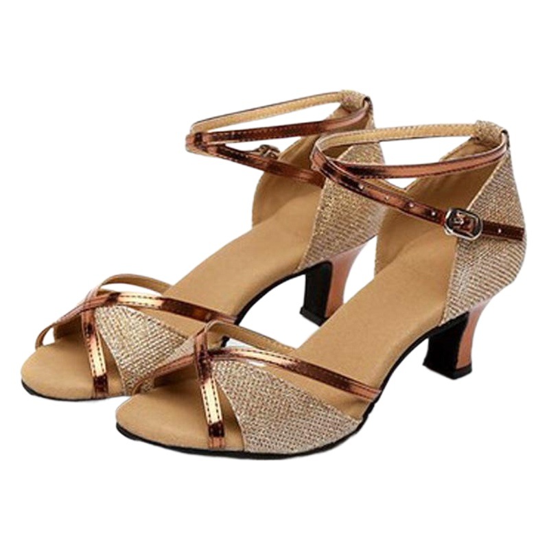 Primavera y verano peep toe mujeres adultas zapatos de baile latino hembra adulto mediados talón zapatos de baile de piel de vaca inferior suave