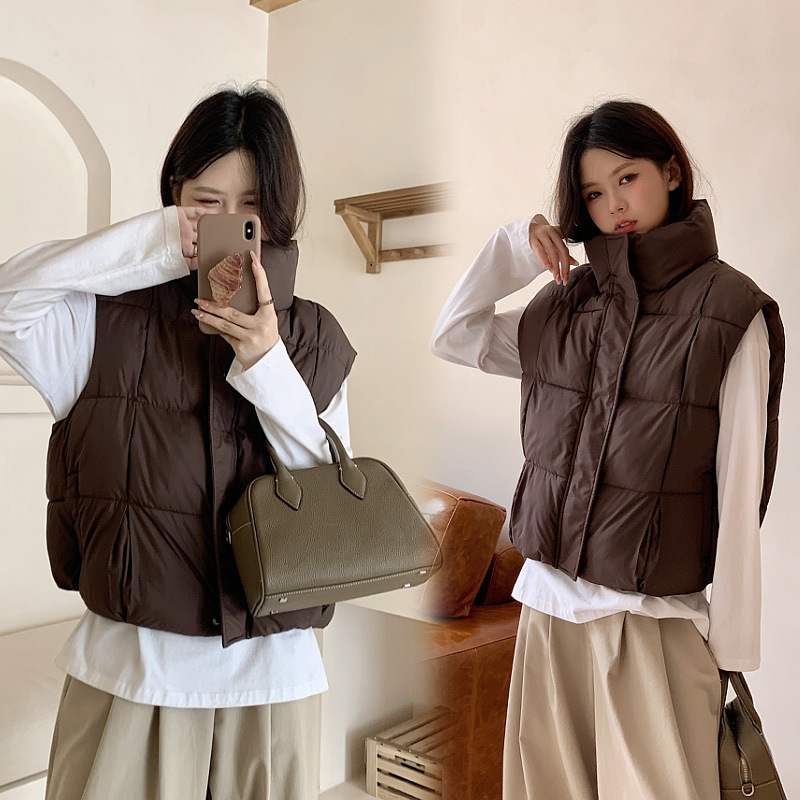 Women's Short Vest European Style Tofu Puff Stand Collar Jacket Petite Warm Solid Color Vest down Cotton