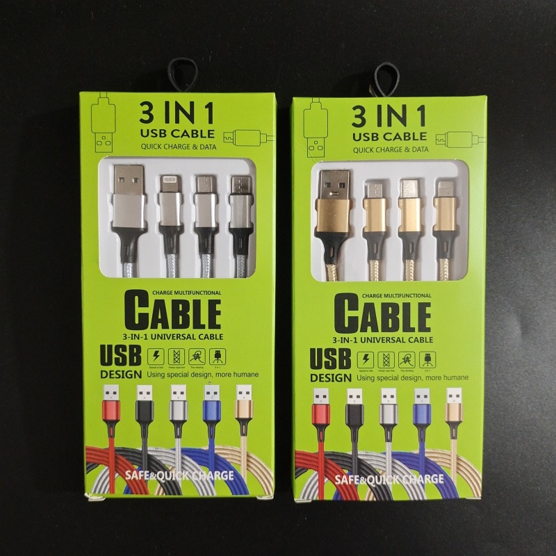 Trenzando un cable de datos de teléfono móvil de tres tiros 2A carga rápida 3 en 1 cable de carga de teléfono móvil logotipo pequeño regalo al por mayor