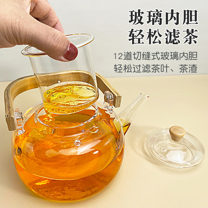 Moderno simple mango de bambú viga tetera de vidrio hervir tetera doméstica resistente a altas temperaturas de gran capacidad set de té hervidor