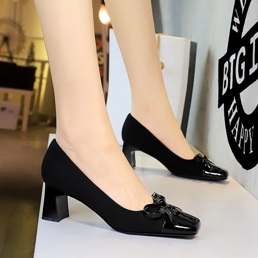 5297-H81 European And American Style Banquet Chunky Heel Bowknot Shoes, Patchwork Square Toe Suede Mid-heel Shallow_vogvips.com