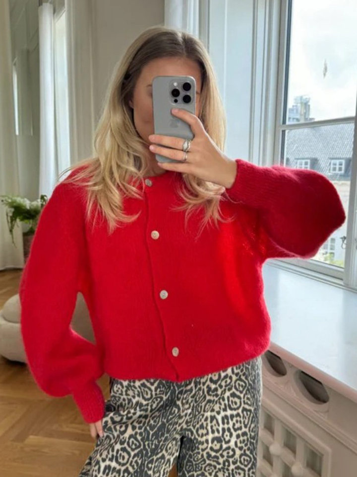 Áo cardigan len dệt kim dáng mỏng nhẹ cài nút một hàng, tay dài cổ tròn nữ — hoa hồng đỏ, màu be, màu cam, màu hoa cà chi tiết 35