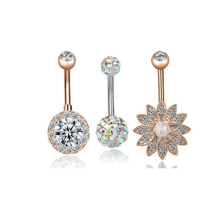Rose Gold 3-Piece Stainless Steel Navel Ring Set with CZ Opal Diamond Inlay - Dangle Belly Button Jewelry detail image 2
