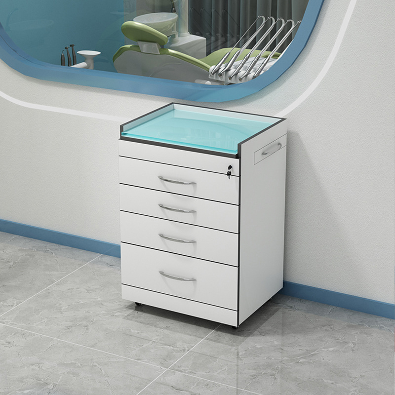 Carrito de Gabinete Móvil Dental de Acrílico y Madera con 4 Cajones y Mesa Lateral