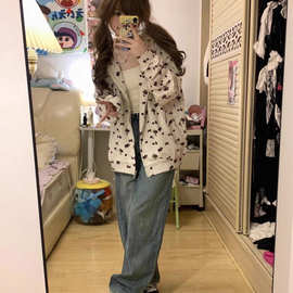 美式潮牌小碎花满印开衫连帽卫衣女春秋新款宽松设计感小众外套潮