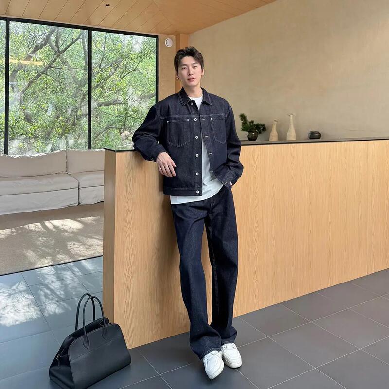秋季男士新款轻奢时尚百搭翻领牛仔外套简约袖长袖男潮流直下摆|undefined