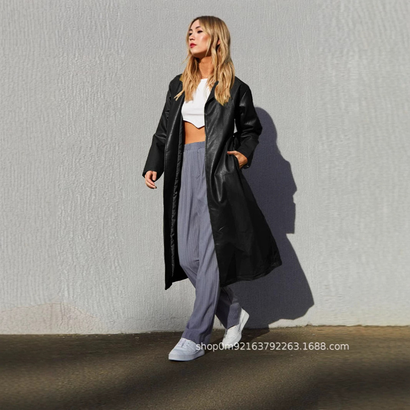 Mid-Length Over-The-Knee Leather Trench Coat, One-Piece Wholesale, Waist-Cinching Leather Jacket, Pu Artistic Style, French Retro