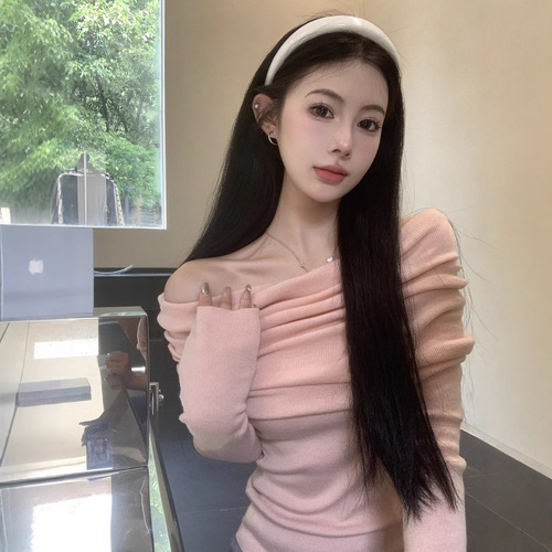 Gentle Clavicle One-Shoulder Pink Knit Sweater for Women - Autumn New Arrival Basic Crew Neck Off-the-Shoulder Top