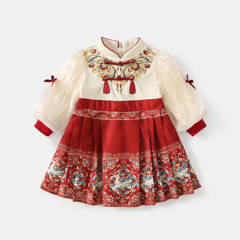 新中式刺绣女童汉服长袖国风潮流儿童马面裙红色喜庆儿童唐装裙子