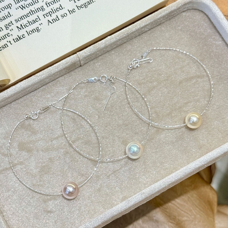 S925 Sterling Silver Round Shijia Pearls Delicate Snake Bone Bracelet for Women, Exquisite Minimalist Style, Versatile and Stackable Jewelry