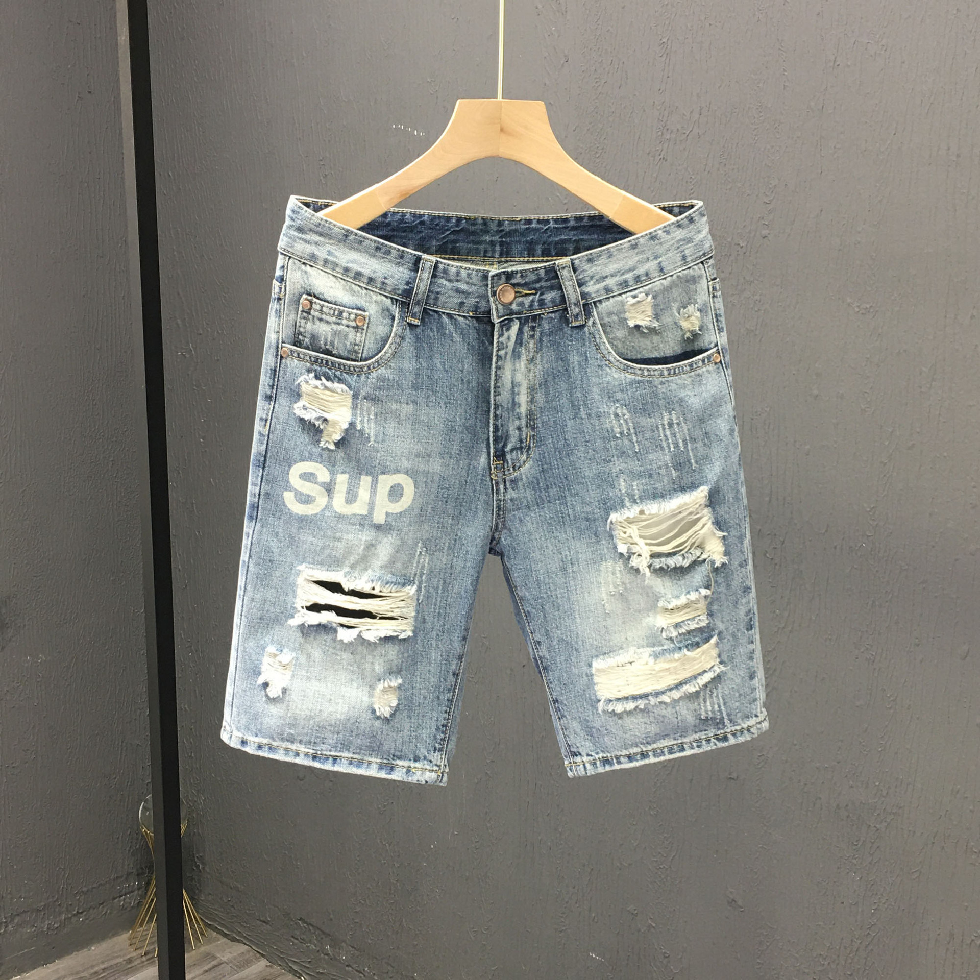 Trendy Brand Internet Celebrity Men's Ripped Denim Shorts Ins Casual Distressed Mid-Length Shorts Summer New Four or Five-Point Shorts