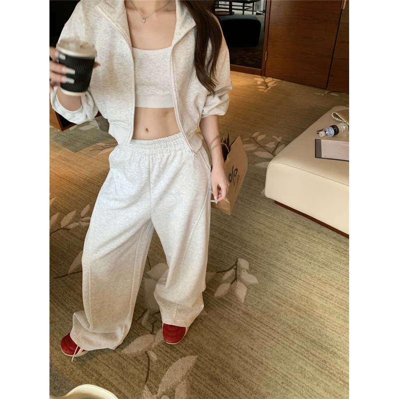 辣妹洋气套装短款露脐领背心拉链长袖外套休闲裤三件套套装女|undefined