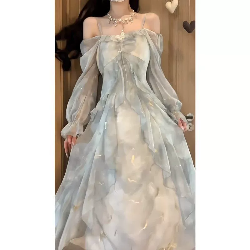 Весенний стиль 2025 Супер Xiansen темперамент серо-синий цветочный фея бабочка с золотом с длинными рукавами