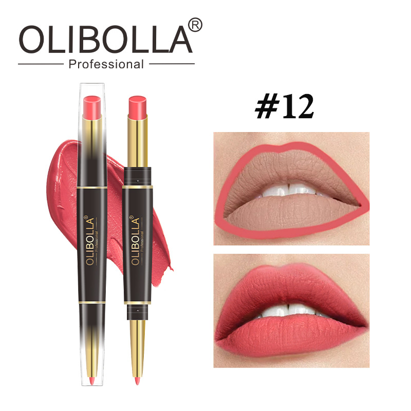 OLIBOLLA lápiz labial de doble cabeza delineador de labios 24 colores perlado color impermeable lápiz labial giratorio exclusivo transfronterizo