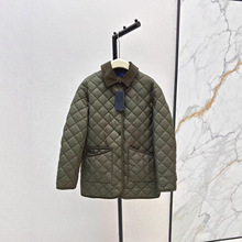 深圳南油25秋冬款复古时髦灯芯绒镶边翻领双口袋菱形格纹棉服外套