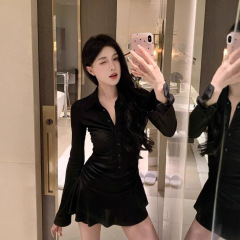 美式气质运动风黑色长袖短裙收腰褶皱显瘦polo领设计感衬衫连衣裙