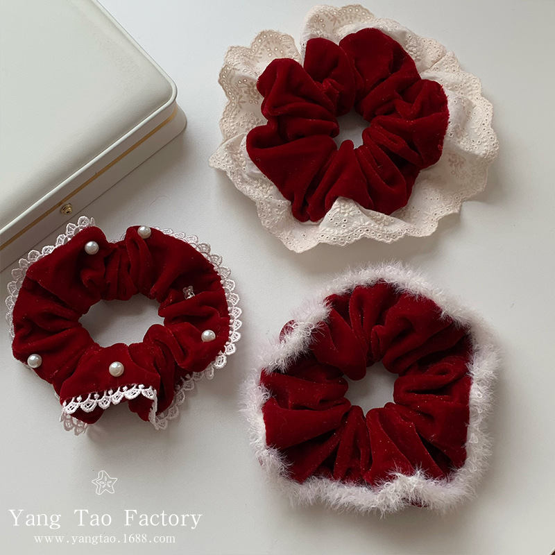 Año Nuevo coreano anillo de pelo de empalme rojo de encaje de encaje femenino de alta calidad temperamento bajo joyas de pelo de cola de caballo