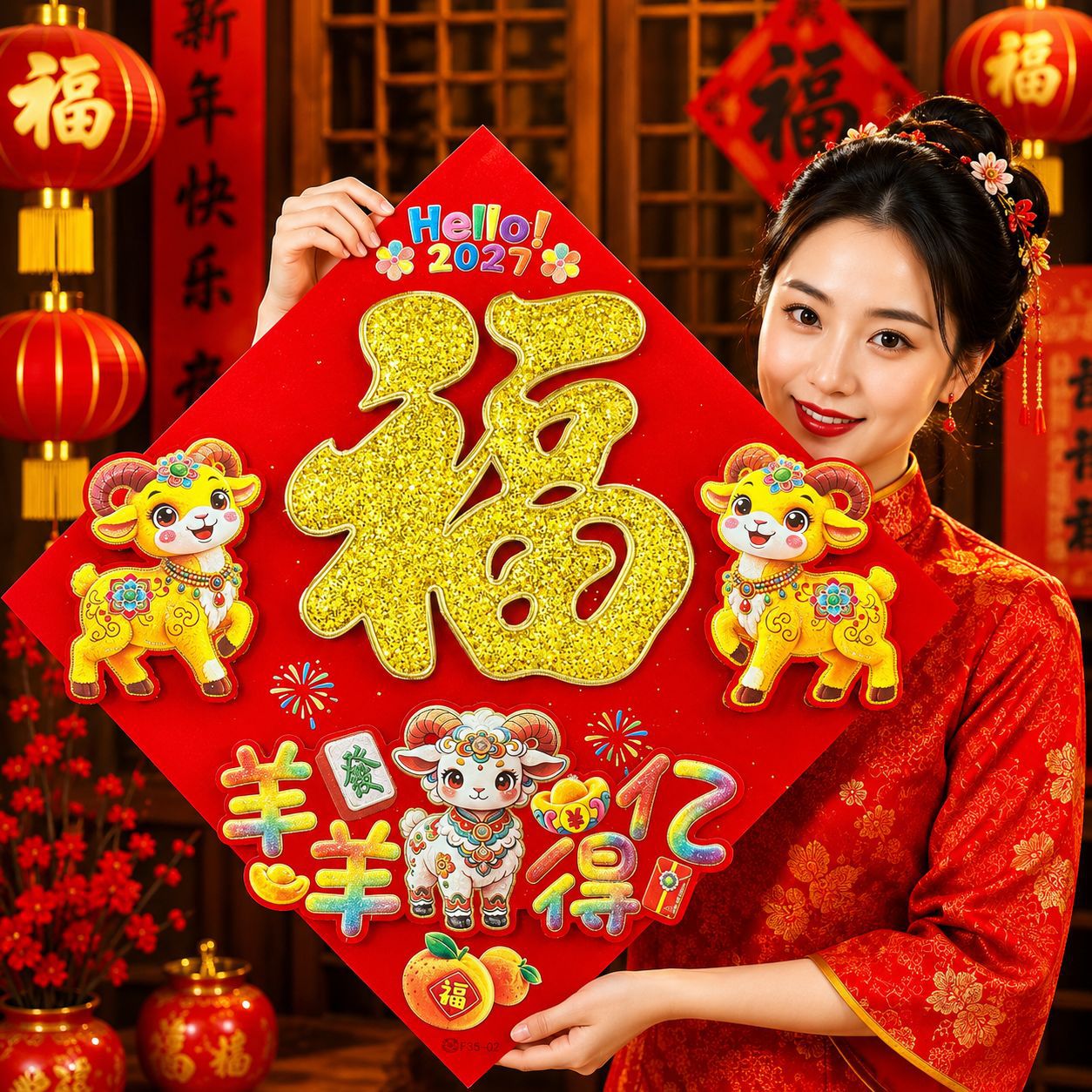全背胶炫彩渐变立体福羊年生肖立体福植绒撒粉新年装饰福字门贴
