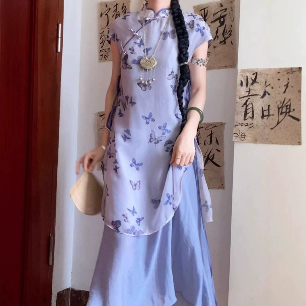 Новый китайский стиль повседневный чеонгсам 2025 новый летний фиолетовый ретро длинный ао dai улучшенный молодежный повседневный стиль Республики Китай