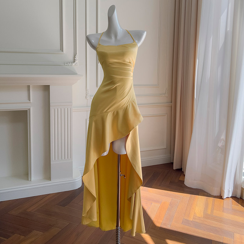 French Elegant Satin Back Strap Slit Dress Suspender Asymmetrical Ruffle Dress Long Skirt 69331 French Elegant Satin Back Strap Slit Dress Suspender Asymmetrical Ruffle Dress Long Skirt 69331