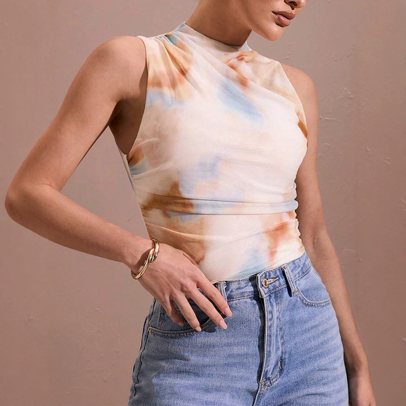 Ae202 Summer Thin Tie-Dye Mesh Jumpsuit Sleeveless High-Neck Ruched Waist Sexy Hot Girl Outerwear Top