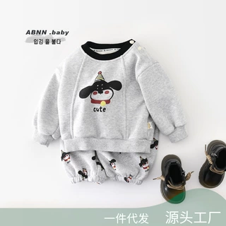 婴幼儿加绒套装冬季新款儿童一体绒卡通企鹅印花卫裤两件套65320