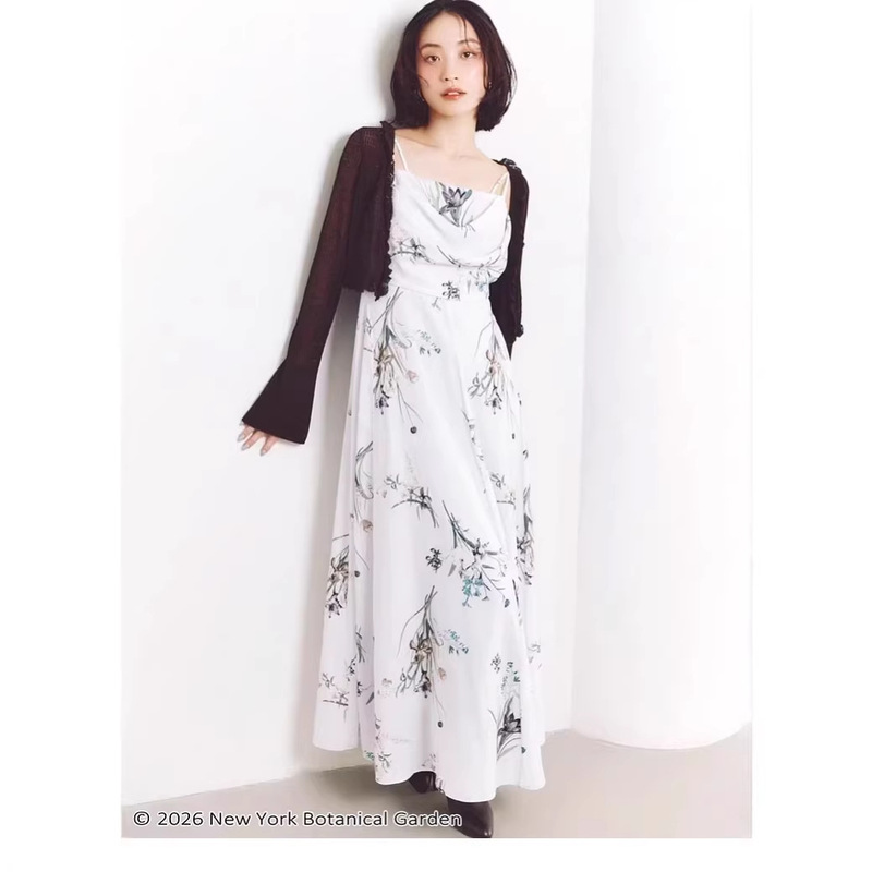 Wzfs2026 Spring/Summer New Collection New York Botanical Garden Collaboration Swing Neck Strap Print Dress Cross-Border
