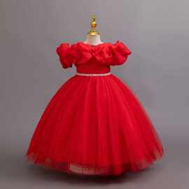 外贸新款儿童礼服一字肩婚纱公主裙宴会派对钢琴演出服kids dress