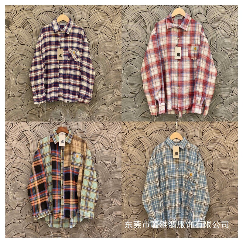 Carhartt Pure Cotton Brushed Cotton Embroidered Logo Plaid Element Heavy-Duty Frayed Edge Shirt for Men and Women, Couple Style Carhartt Pure Cotton Brushed Cotton Embroidered Logo Plaid Element Heavy-Duty Frayed Edge Shirt for Men and Women, Couple Style
